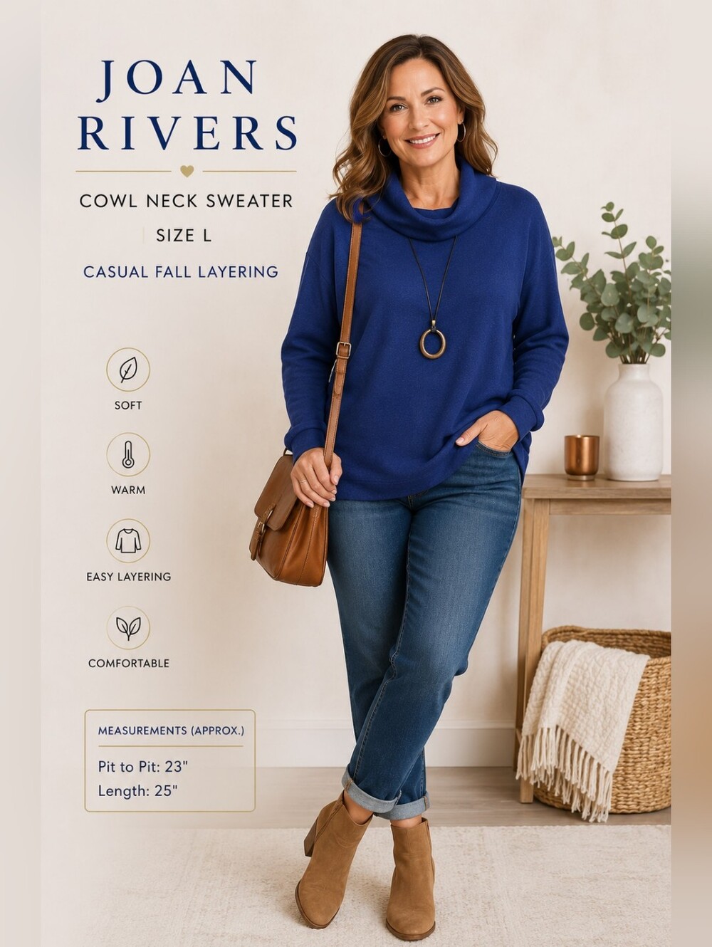 Joan Rivers Blue Cowl Neck Sweater Large Soft Stretch Fleece Knit Casual Fall